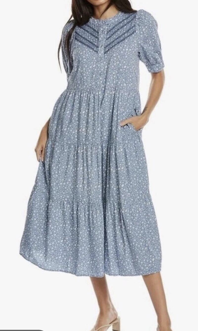 Madewell Dress Embroidered Puff-Sleeve Midi Cottage Garden XS Floral Embroidered